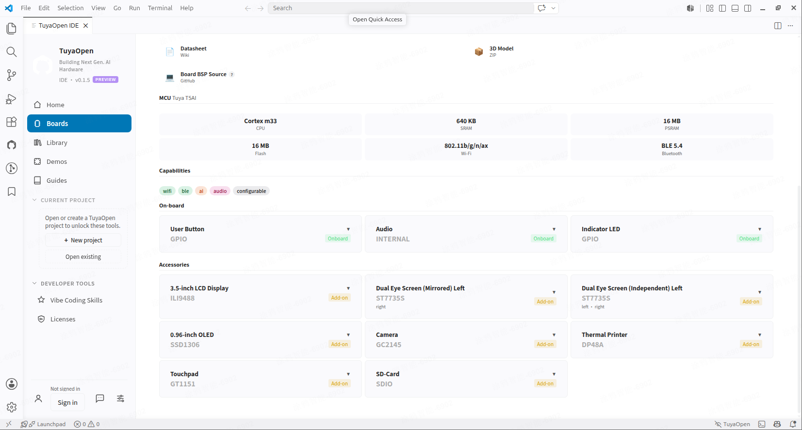 Board resources — schematic, datasheet, source, 3D model