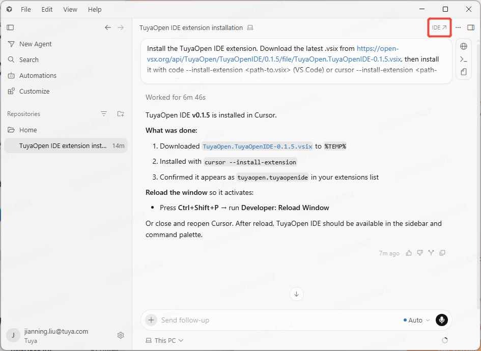 Pasting the install prompt into the Cursor agent